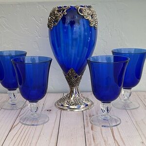 Vintage Italian Cobalt blue glasses and Vase or Carafe with Grapevine Design